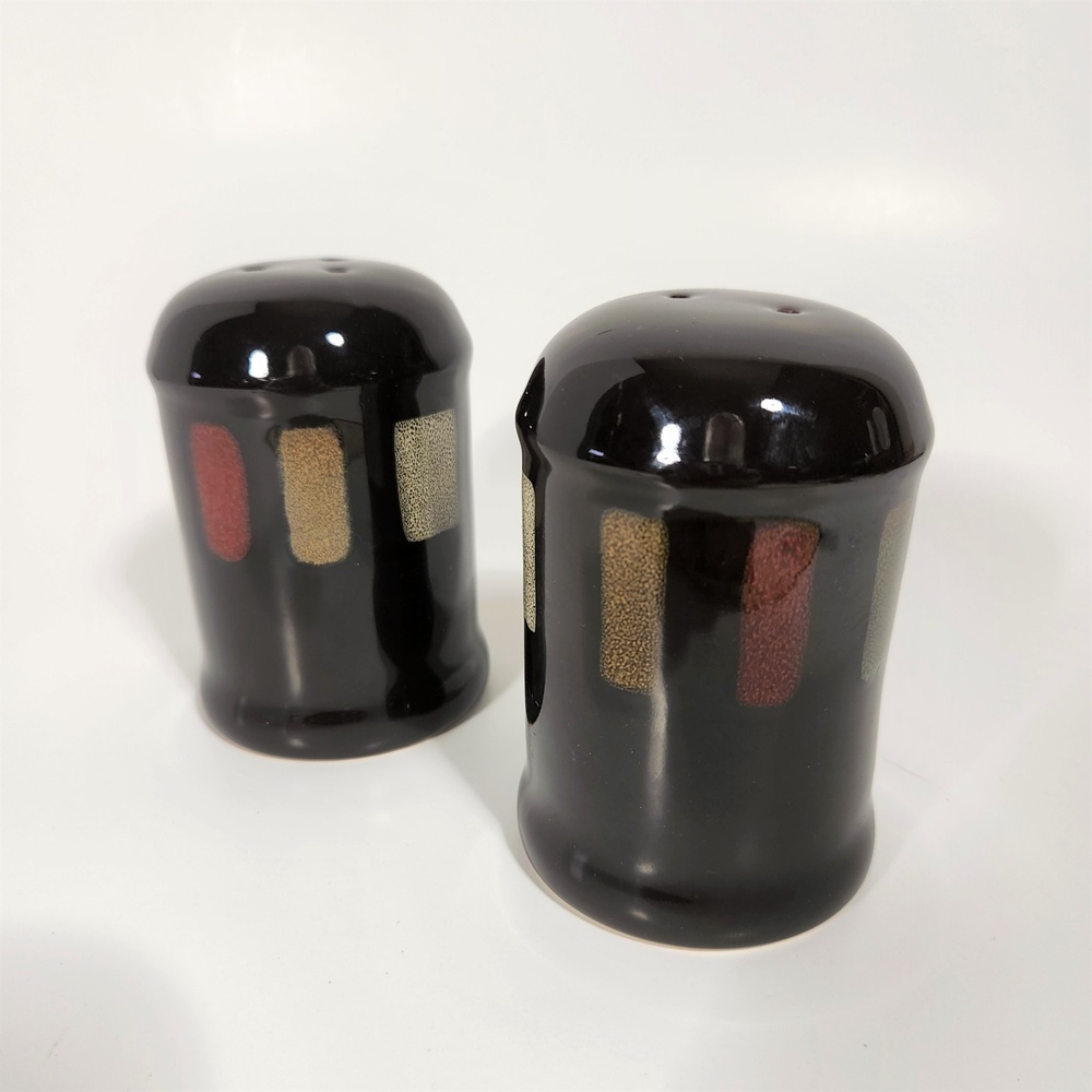 Pair Pfaltzgraff Salt & Pepper Shakers Glossy Black Southwest Color Block